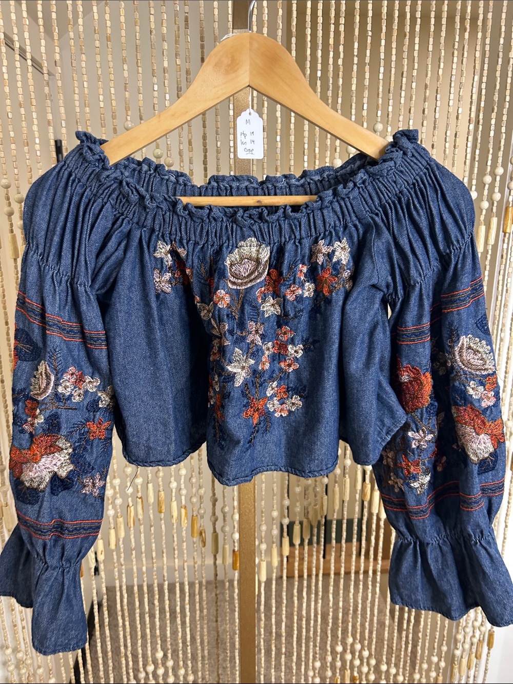 Embroidered Off-Shoulder Denim Blouse - Blue - Picture 11 of 15
